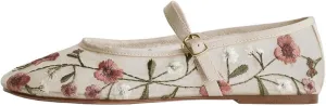 MRKEWUNEY Mesh Ballet Flats for Women Embroidered Floral Round Toe Mary Jane Flats