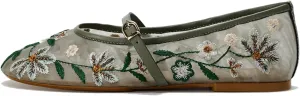 MRKEWUNEY Mesh Ballet Flats for Women Embroidered Floral Round Toe Mary Jane Flats