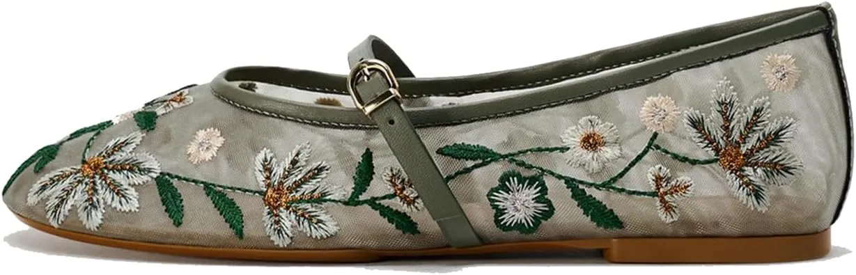 MRKEWUNEY Mesh Ballet Flats for Women Embroidered Floral Round Toe Mary Jane Flats