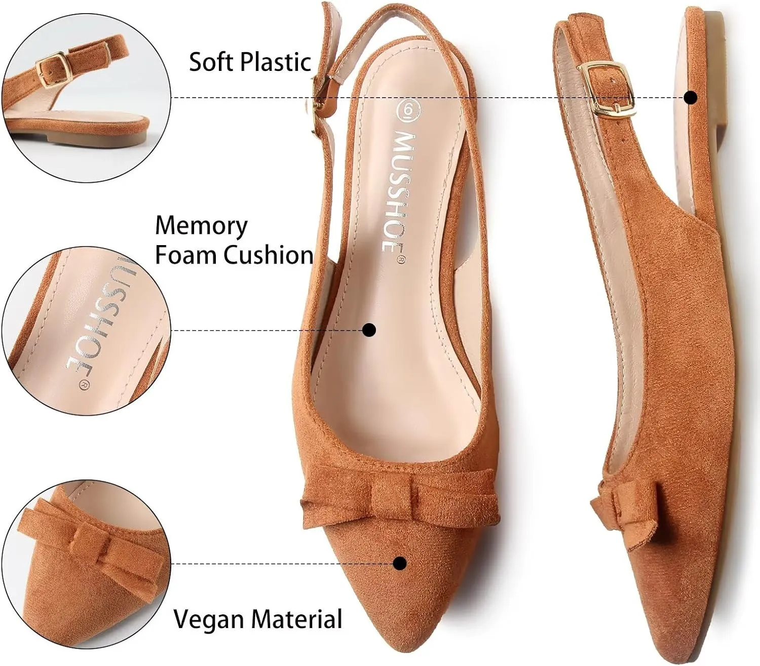 MUSSHOE Slingback Flats for Women Pointed Toe Comfort Womens Flats with Bow