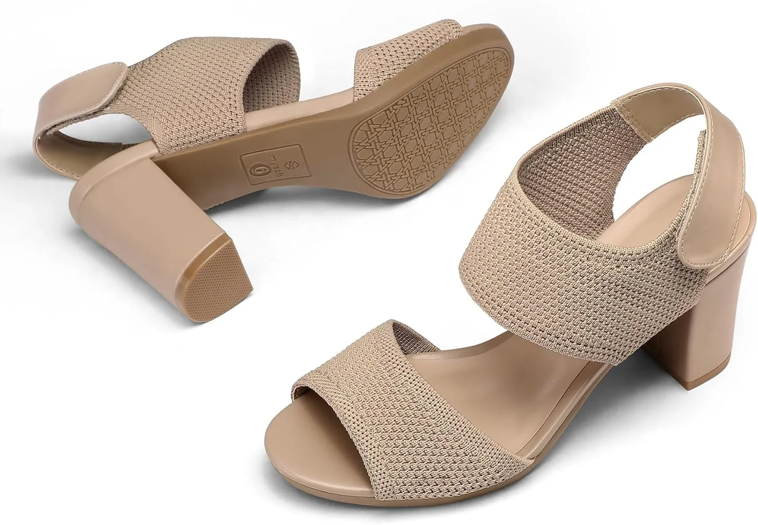 mysoft Women's Chunky Block High Heels Elastic Knit Open Toe Slingback Heeled Sandals