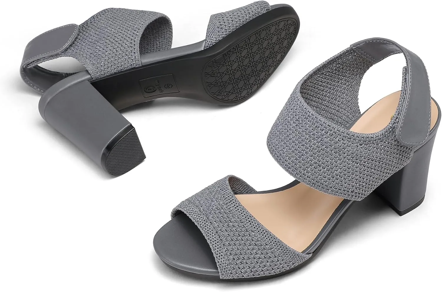 mysoft Women's Chunky Block High Heels Elastic Knit Open Toe Slingback Heeled Sandals