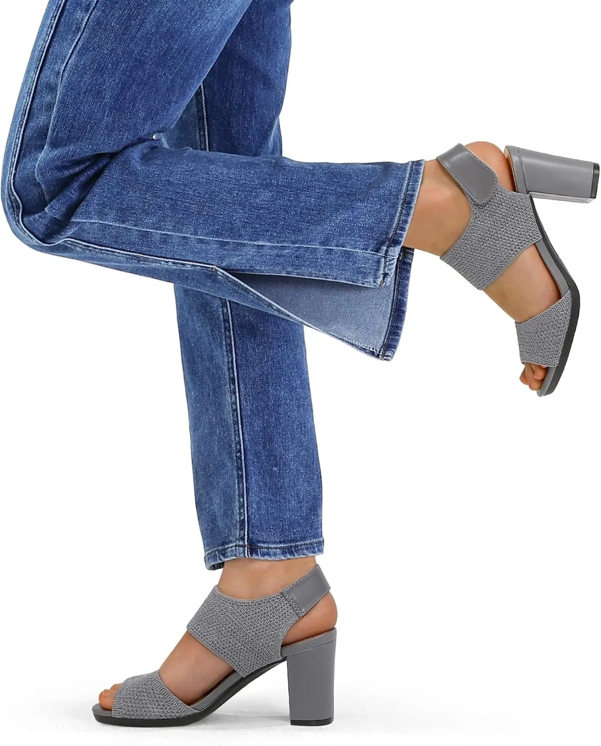 mysoft Women's Chunky Block High Heels Elastic Knit Open Toe Slingback Heeled Sandals