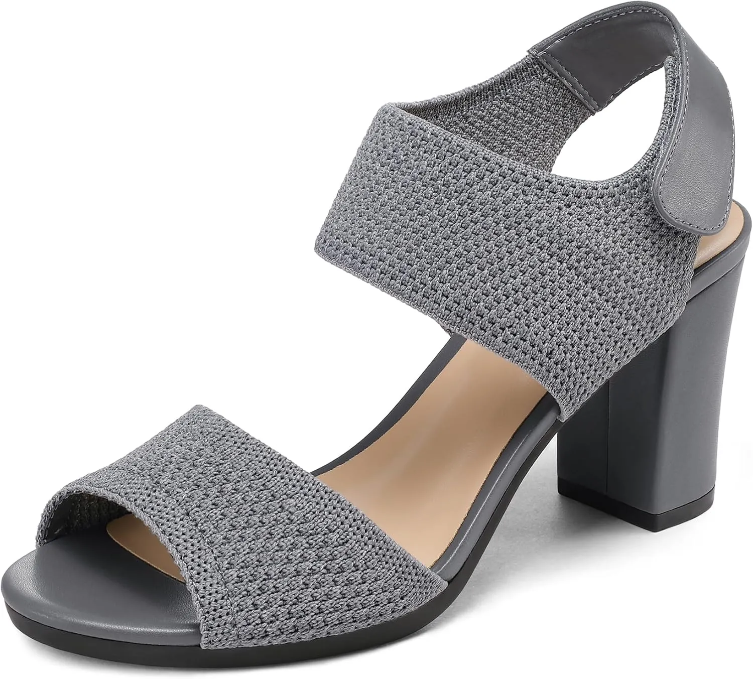 mysoft Women's Chunky Block High Heels Elastic Knit Open Toe Slingback Heeled Sandals
