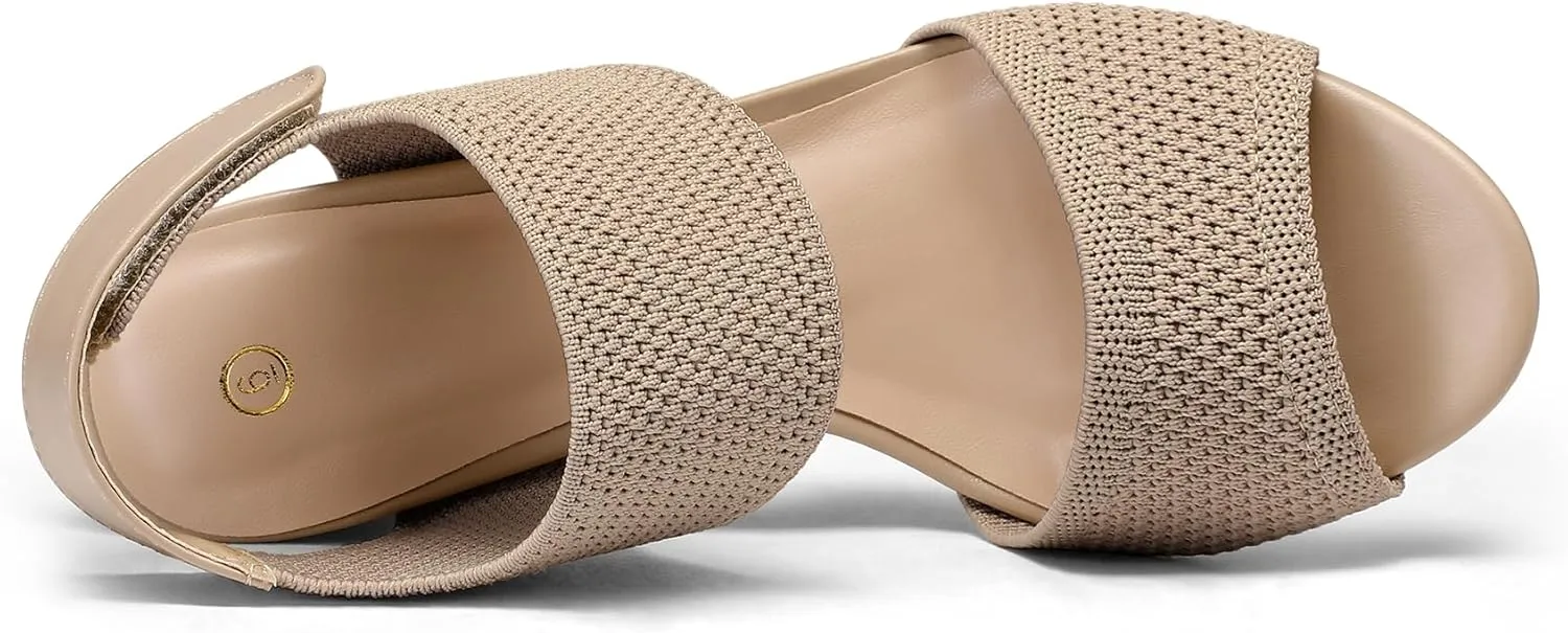 mysoft Women's Chunky Block High Heels Elastic Knit Open Toe Slingback Heeled Sandals