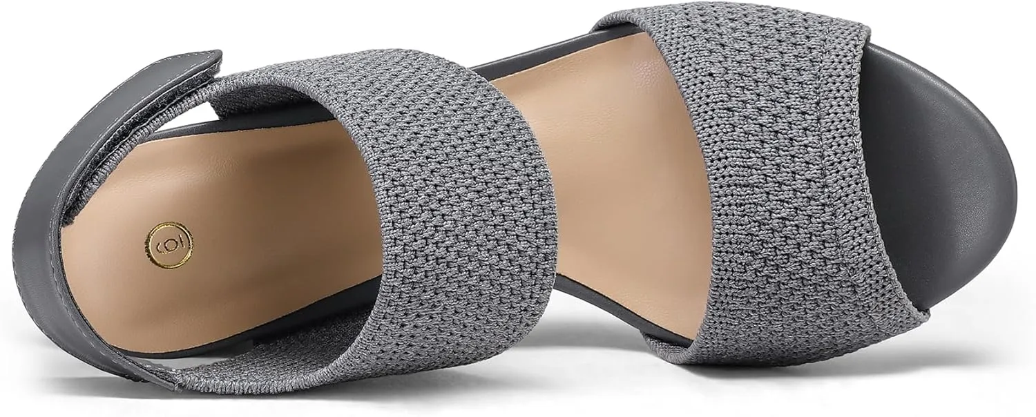 mysoft Women's Chunky Block High Heels Elastic Knit Open Toe Slingback Heeled Sandals