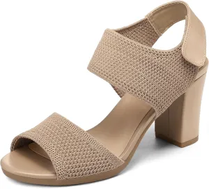 mysoft Women's Chunky Block High Heels Elastic Knit Open Toe Slingback Heeled Sandals