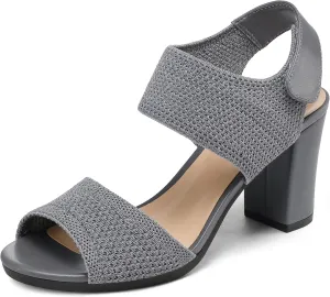 mysoft Women's Chunky Block High Heels Elastic Knit Open Toe Slingback Heeled Sandals