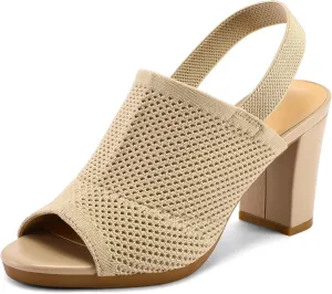 mysoft Women's Knit Chunky Block High Heels Elastic Slingback Open Toe 3 Inch Heeled Sandals