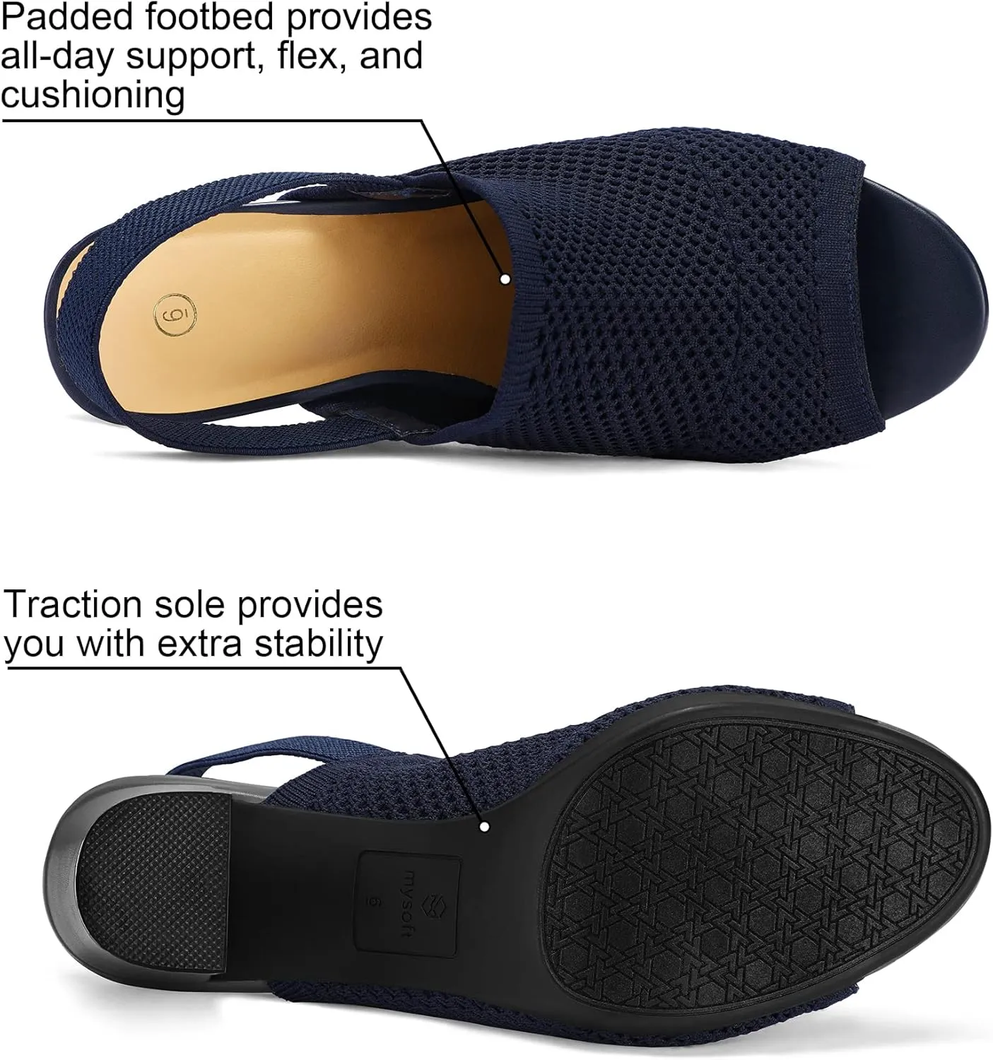 mysoft Women's Knit Chunky Block High Heels Elastic Slingback Open Toe 3 Inch Heeled Sandals