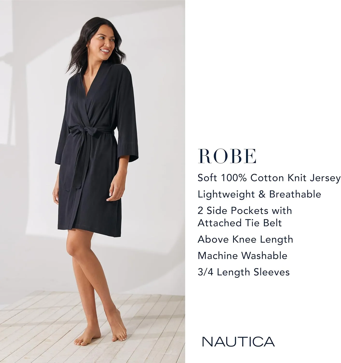 Nautica Womens Soft Robe - Above Knee 3/4 Length Sleeve Lightweight Robe - Cotton Knit Jersey Sleepwear and Loungewear