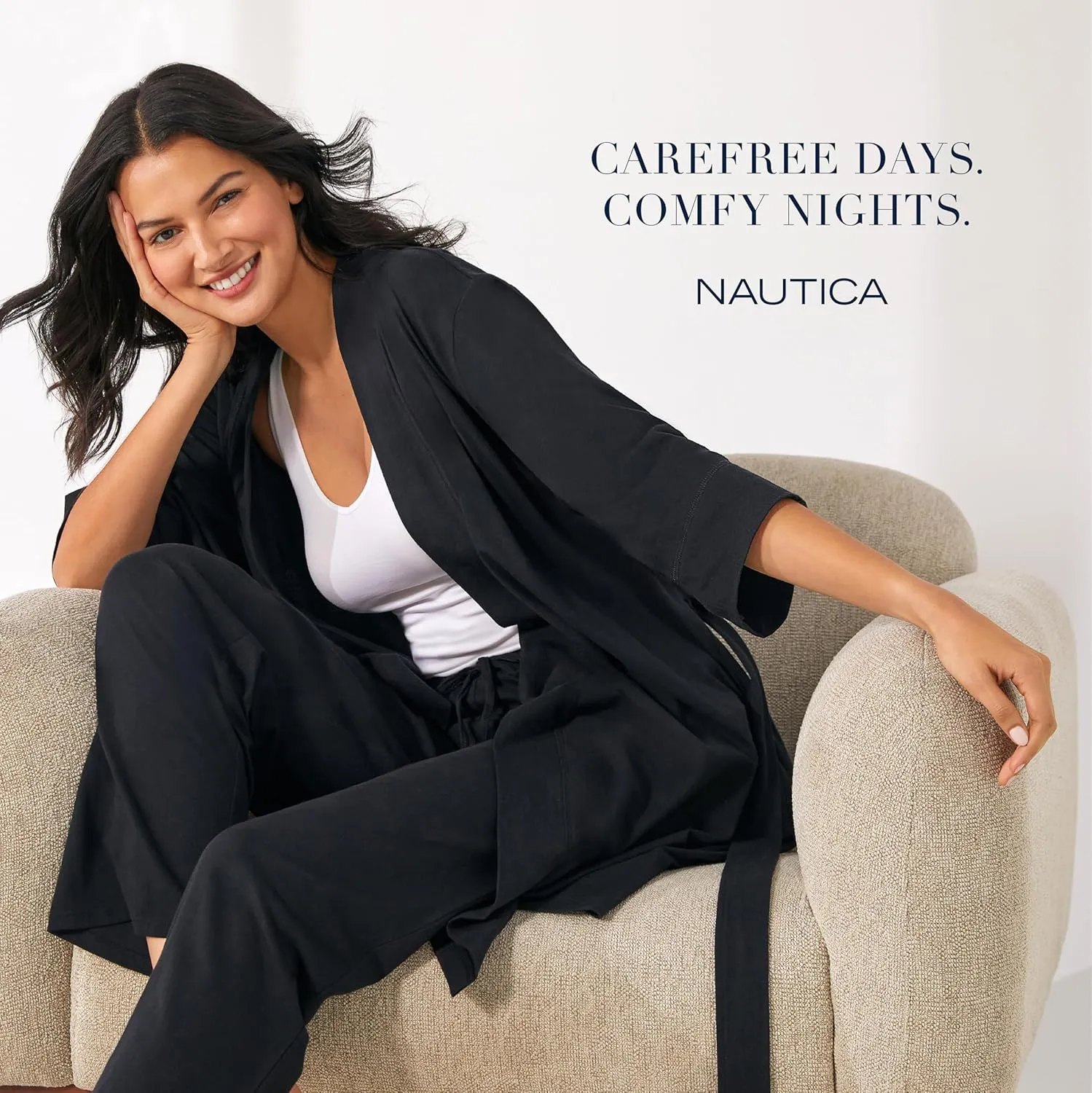 Nautica Womens Soft Robe - Above Knee 3/4 Length Sleeve Lightweight Robe - Cotton Knit Jersey Sleepwear and Loungewear