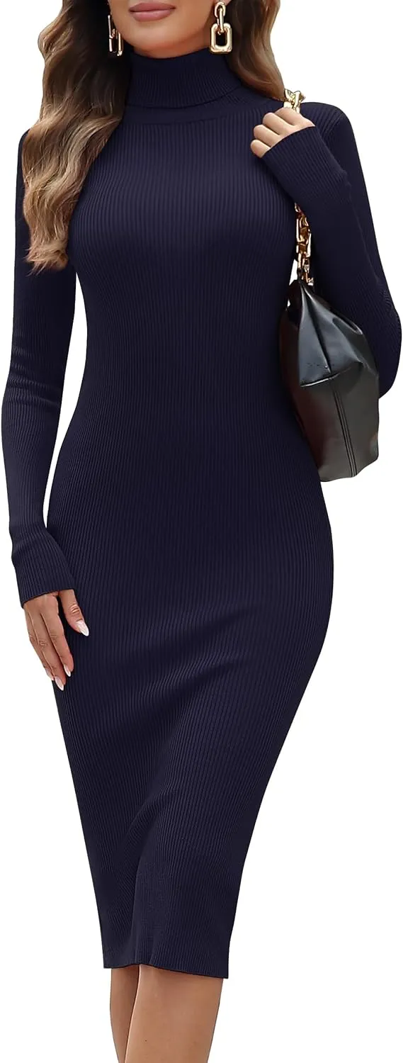 ninovino Women's Turtleneck Ribbed Knit Long Sleeve Slim Fit Sweater Dress
