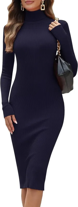 ninovino Women's Turtleneck Ribbed Knit Long Sleeve Slim Fit Sweater Dress