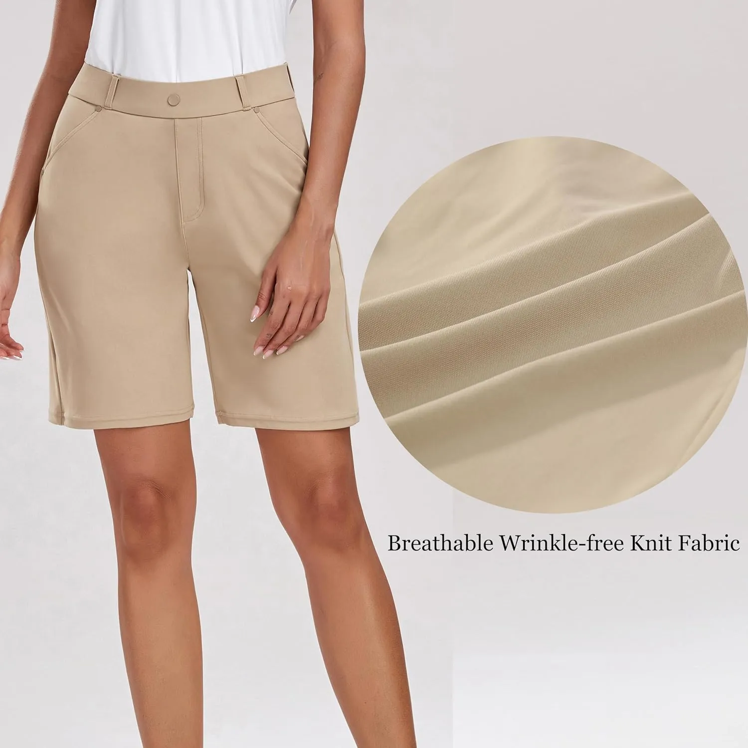 Oalka Women's Bermuda Shorts Work Casual 8" Stretchy Golf Walking Shorts Knee Length