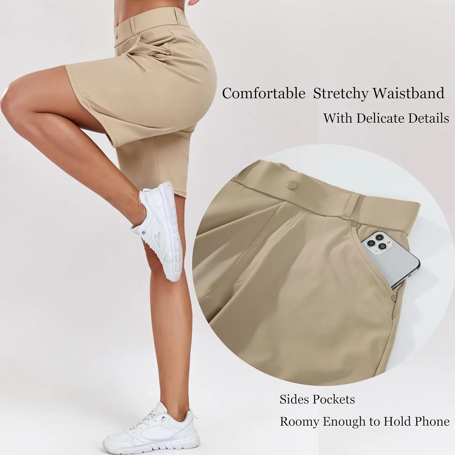 Oalka Women's Bermuda Shorts Work Casual 8" Stretchy Golf Walking Shorts Knee Length