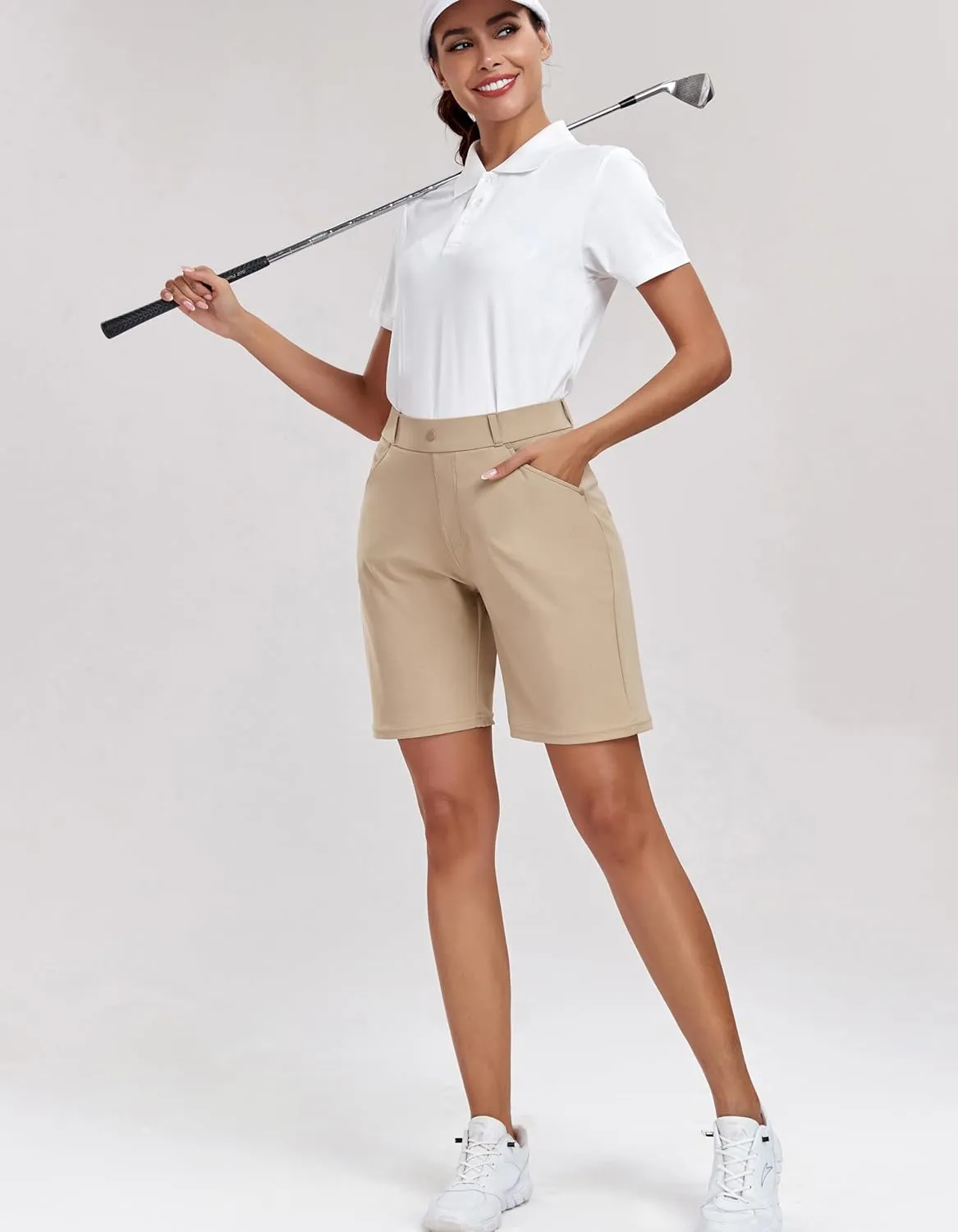 Oalka Women's Bermuda Shorts Work Casual 8" Stretchy Golf Walking Shorts Knee Length