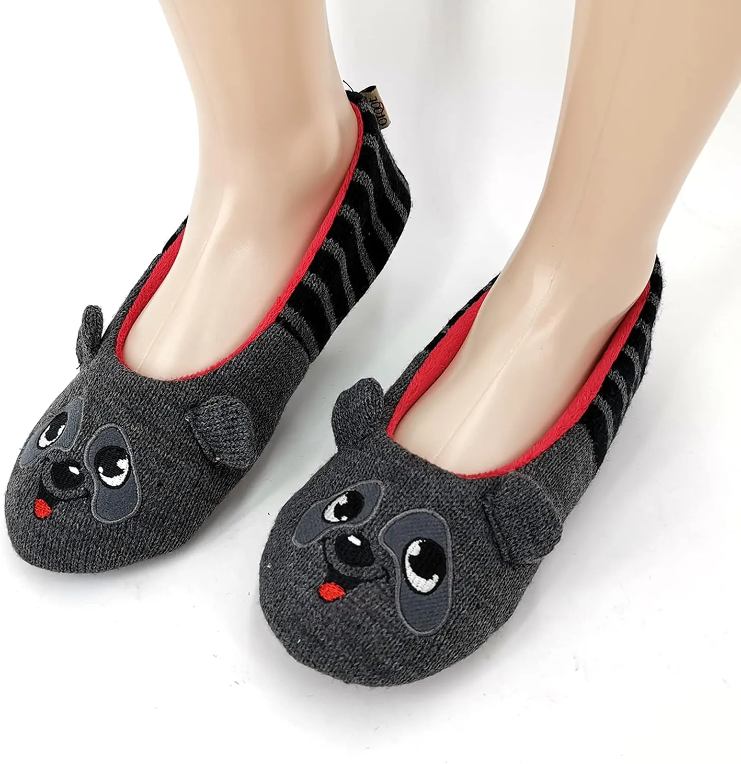 ofoot Womens Cute Knit Ballerina/Ballet House Slippers Flats Fuzzy Slip On Shoes Fluffy Lining Non Skid Rubber Soles Frog Bear Owl Rat Raccoon Styles