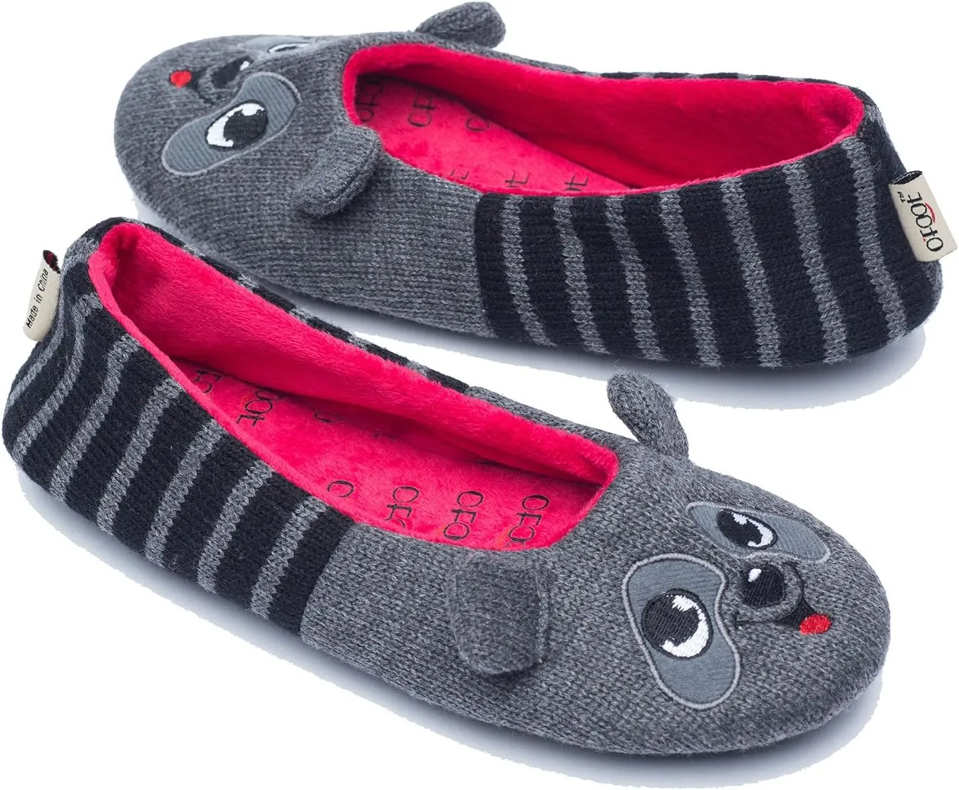 ofoot Womens Cute Knit Ballerina/Ballet House Slippers Flats Fuzzy Slip On Shoes Fluffy Lining Non Skid Rubber Soles Frog Bear Owl Rat Raccoon Styles