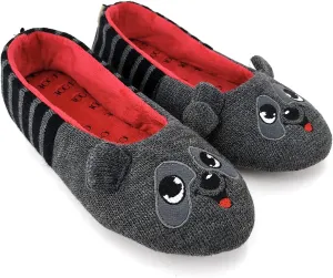 ofoot Womens Cute Knit Ballerina/Ballet House Slippers Flats Fuzzy Slip On Shoes Fluffy Lining Non Skid Rubber Soles Frog Bear Owl Rat Raccoon Styles