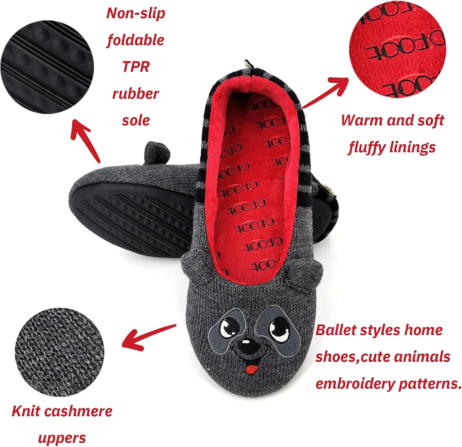 ofoot Womens Cute Knit Ballerina/Ballet House Slippers Flats Fuzzy Slip On Shoes Fluffy Lining Non Skid Rubber Soles Frog Bear Owl Rat Raccoon Styles