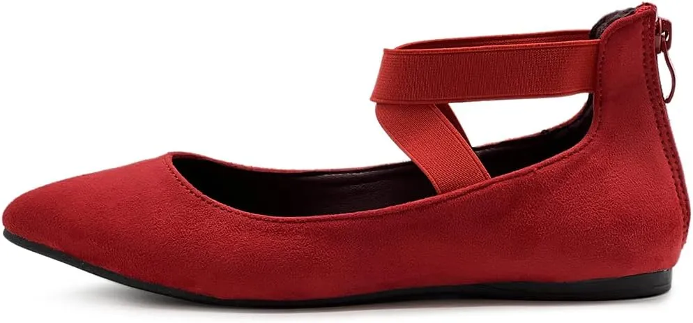 Ollio Women's Faux Suede Elastic Ankle Strap Pointed Toe Ballet Flats F167