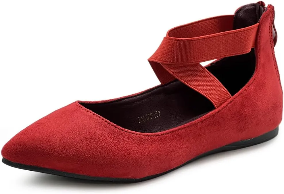 Ollio Women's Faux Suede Elastic Ankle Strap Pointed Toe Ballet Flats F167