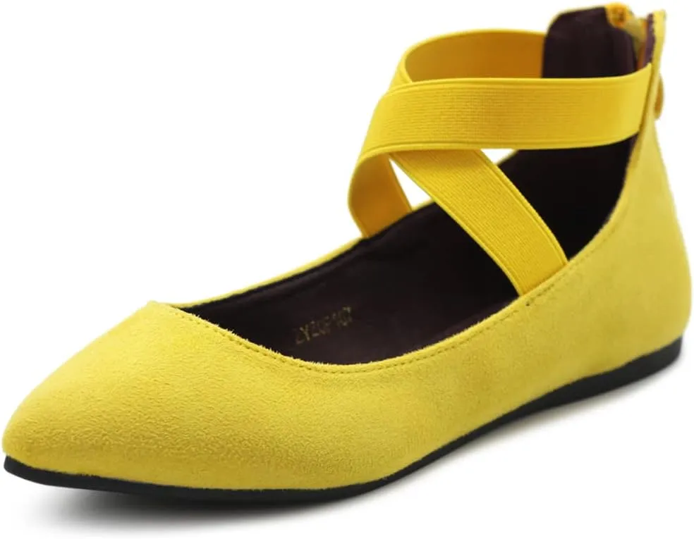 Ollio Women's Faux Suede Elastic Ankle Strap Pointed Toe Ballet Flats F167