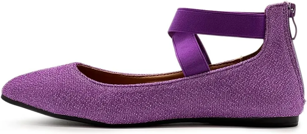 Ollio Women's Glitter Elastic Ankle Strap Pointed Toe Ballet Flats F189