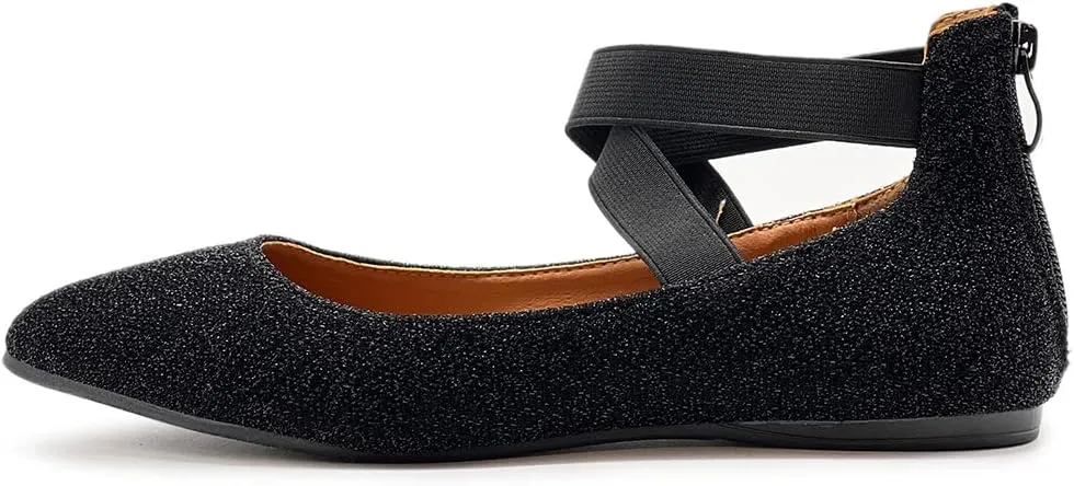 Ollio Women's Glitter Elastic Ankle Strap Pointed Toe Ballet Flats F189