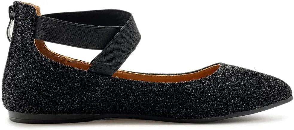 Ollio Women's Glitter Elastic Ankle Strap Pointed Toe Ballet Flats F189