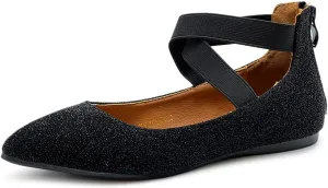 Ollio Women's Glitter Elastic Ankle Strap Pointed Toe Ballet Flats F189