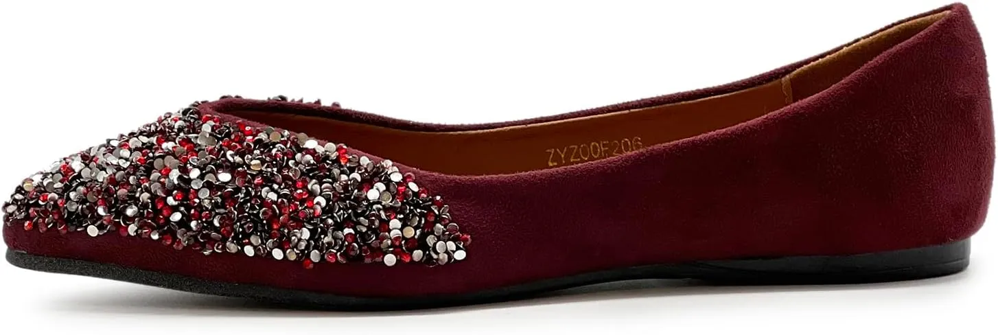 Ollio Women's Shoes Faux Suede Rhinestone Studded Pointed Toe Ballet Flats F206