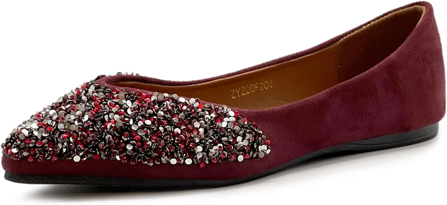 Ollio Women's Shoes Faux Suede Rhinestone Studded Pointed Toe Ballet Flats F206
