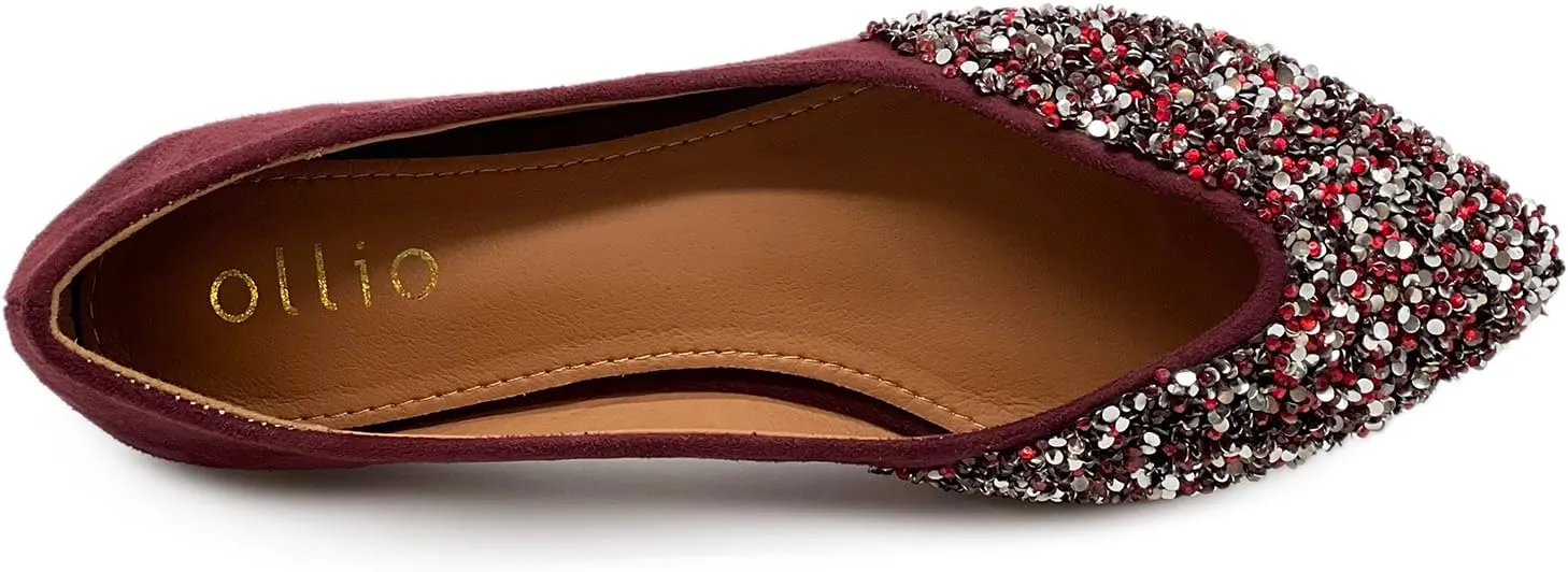 Ollio Women's Shoes Faux Suede Rhinestone Studded Pointed Toe Ballet Flats F206