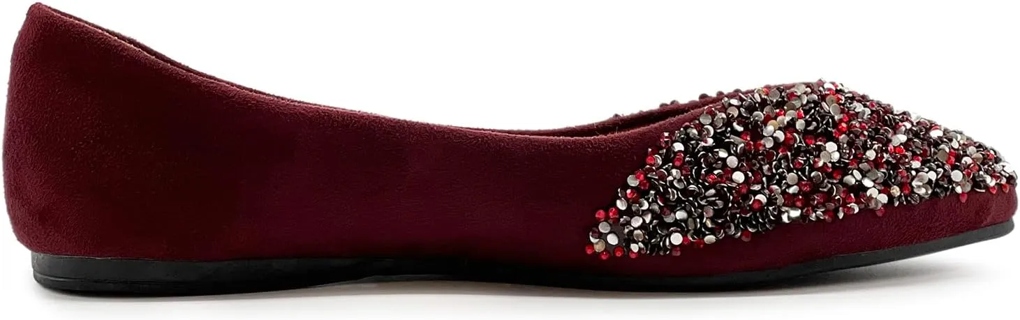 Ollio Women's Shoes Faux Suede Rhinestone Studded Pointed Toe Ballet Flats F206