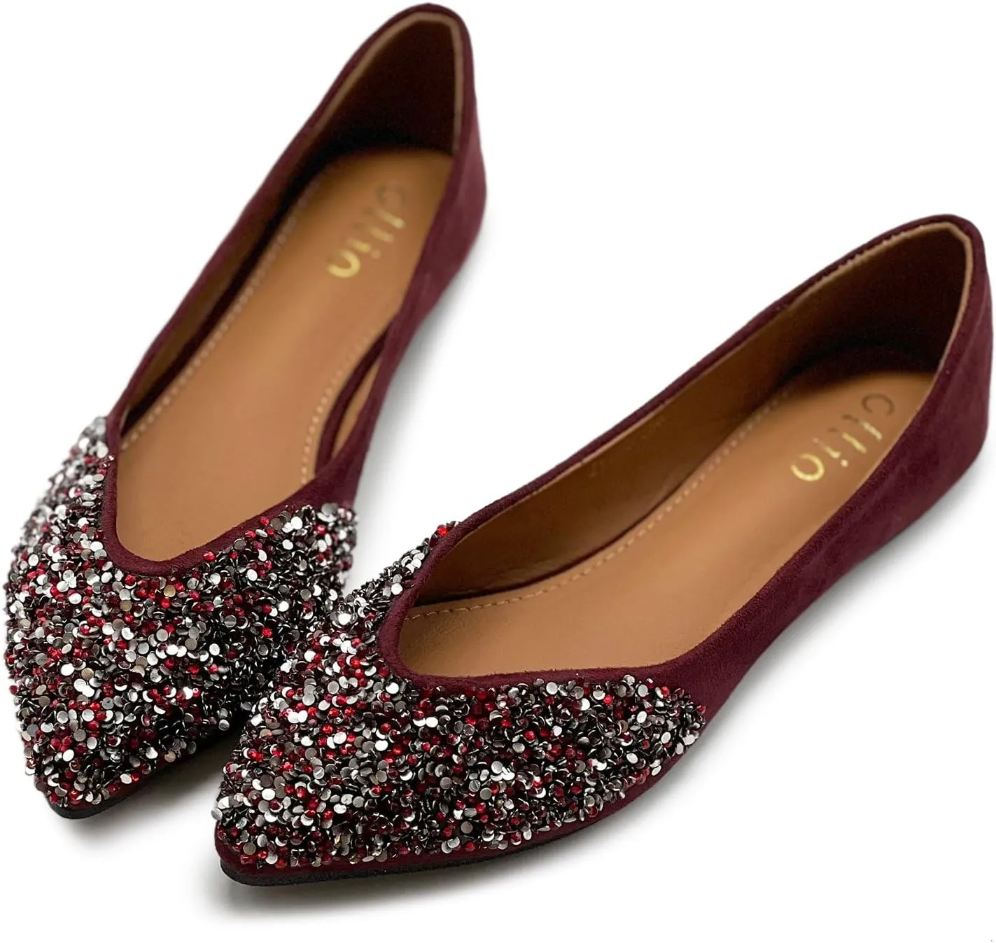 Ollio Women's Shoes Faux Suede Rhinestone Studded Pointed Toe Ballet Flats F206