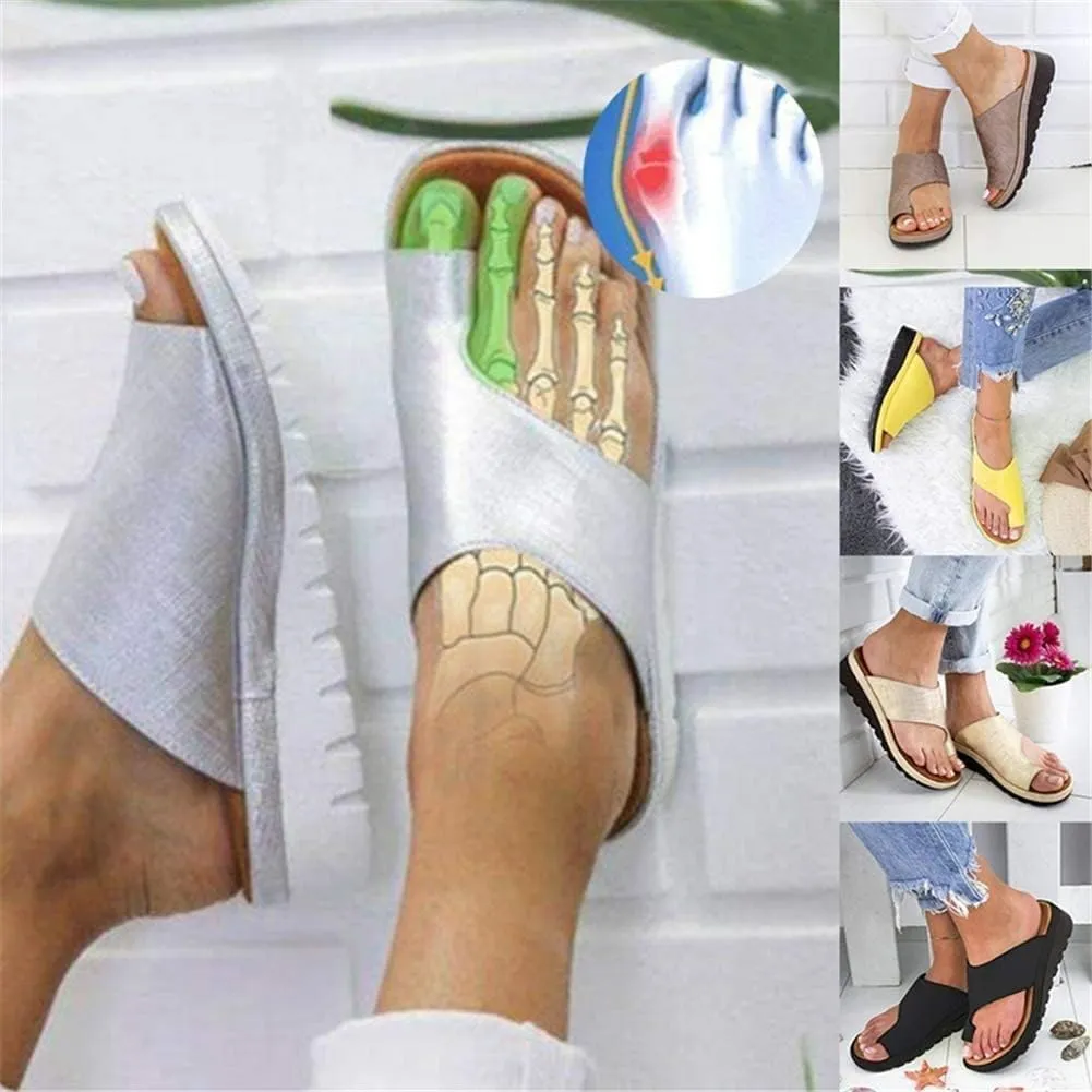 Orthopedic Bunion Corrector Sandals,Comfy Platform Flat Sole PU Leather Shoes for Women (Black,7-7.5)