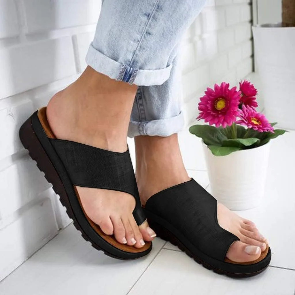 Orthopedic Bunion Corrector Sandals,Comfy Platform Flat Sole PU Leather Shoes for Women (Black,7-7.5)