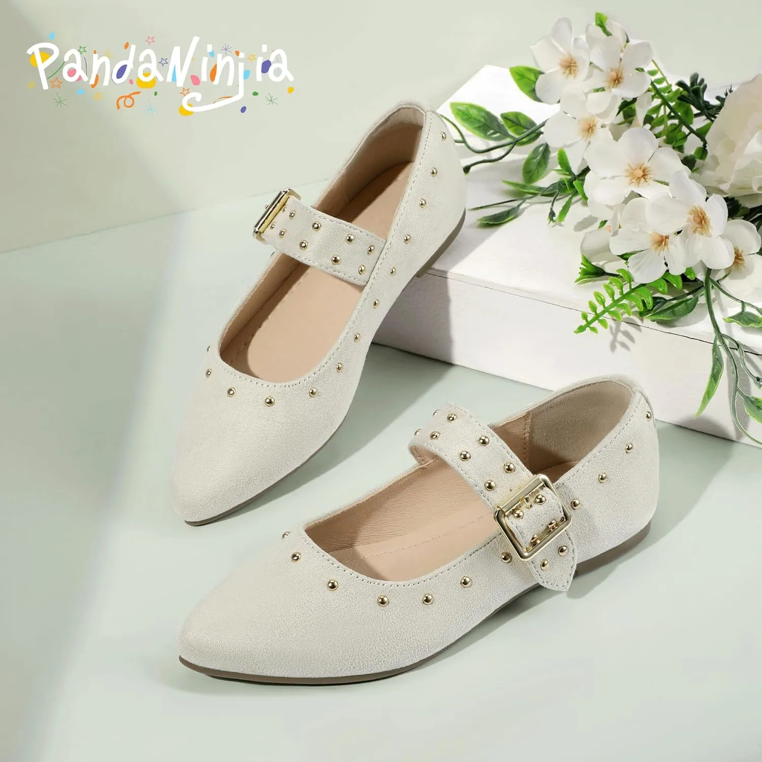 PANDANINJIA Girls Dress Shoes Studded Mary Jane Ballet Flats for Girl Pointed Toe Little Big Kid Flower Girl Party Formal Wedding Shoes