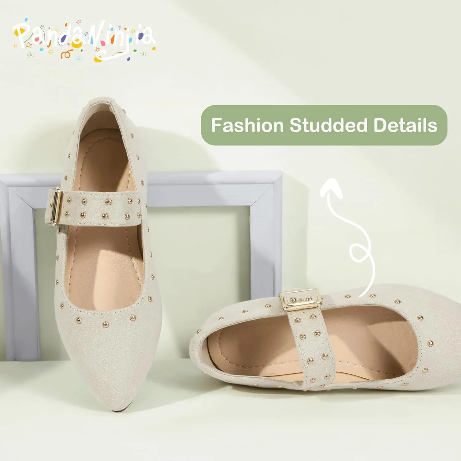 PANDANINJIA Girls Dress Shoes Studded Mary Jane Ballet Flats for Girl Pointed Toe Little Big Kid Flower Girl Party Formal Wedding Shoes