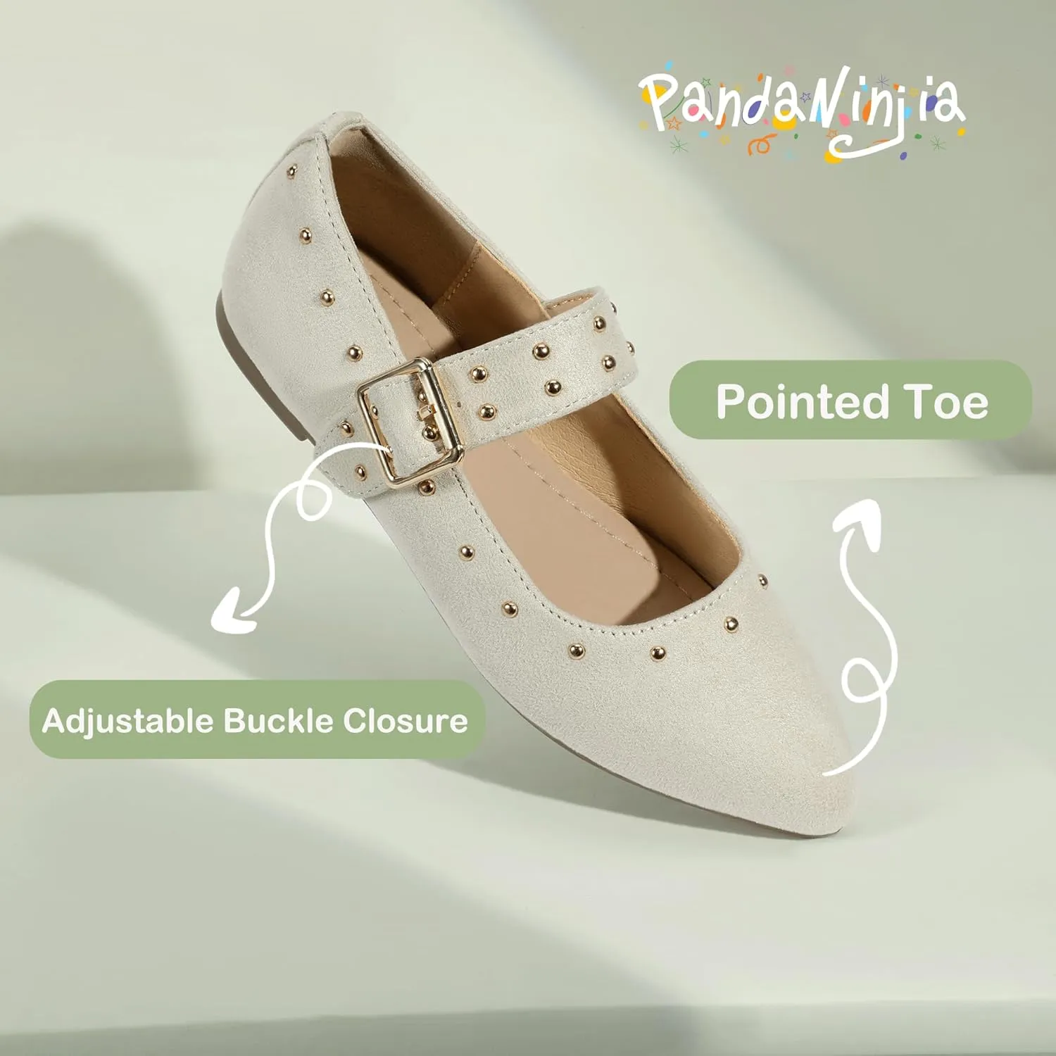 PANDANINJIA Girls Dress Shoes Studded Mary Jane Ballet Flats for Girl Pointed Toe Little Big Kid Flower Girl Party Formal Wedding Shoes
