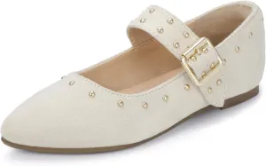 PANDANINJIA Girls Dress Shoes Studded Mary Jane Ballet Flats for Girl Pointed Toe Little Big Kid Flower Girl Party Formal Wedding Shoes