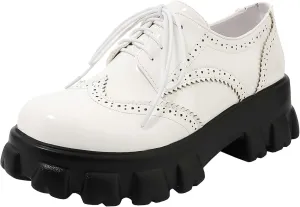 Parisuit Womens Lace Up Wingtip Chunky Oxford Shoes Patent Leather Platform Brogue Pumps