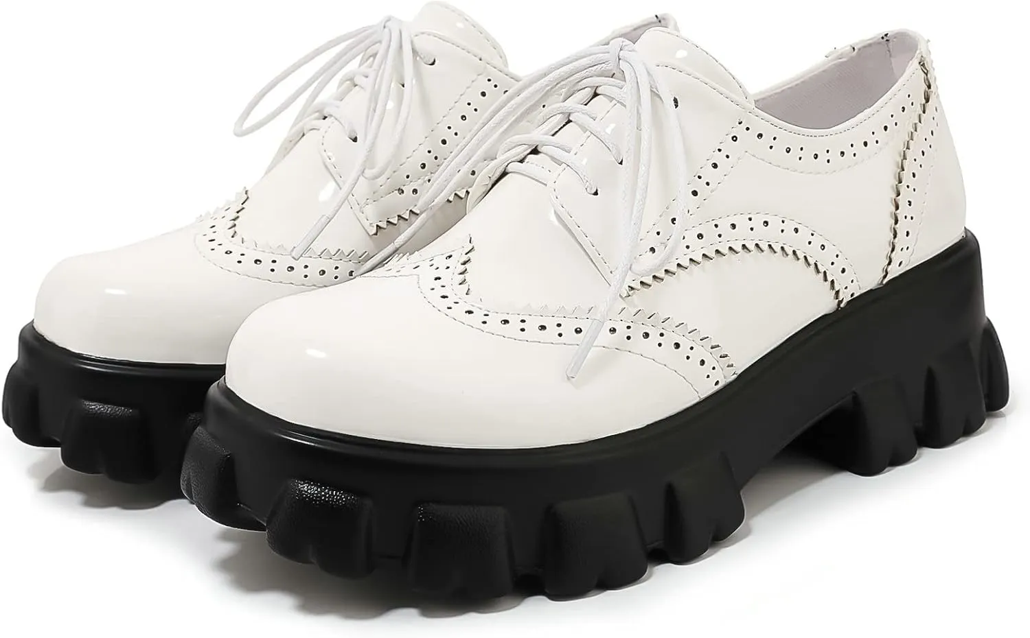 Parisuit Womens Lace Up Wingtip Chunky Oxford Shoes Patent Leather Platform Brogue Pumps