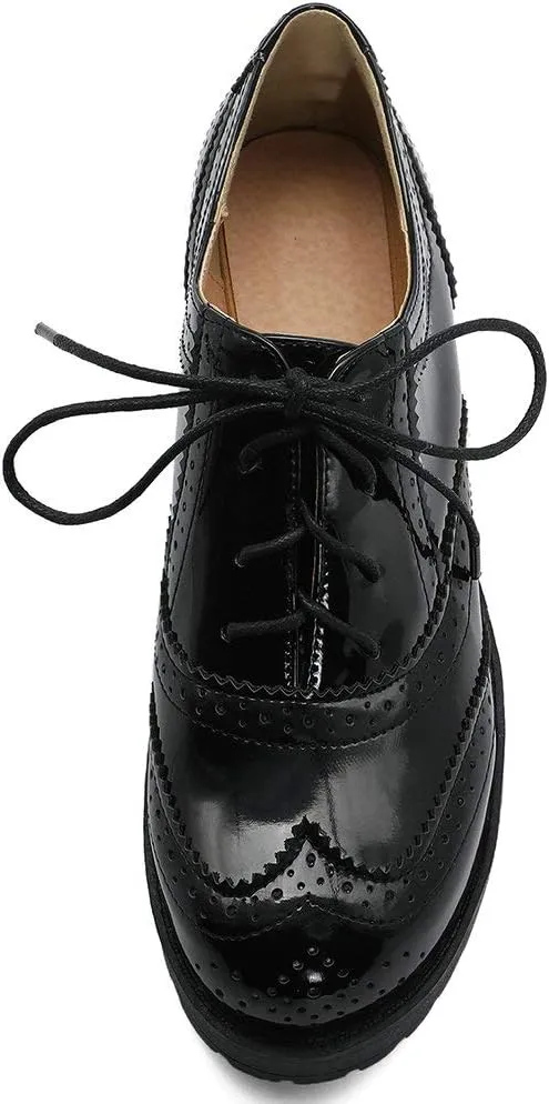 Parisuit Womens Lace Up Wingtip Oxford Pumps Round Toe Chunky Brogue Vintage Shoes