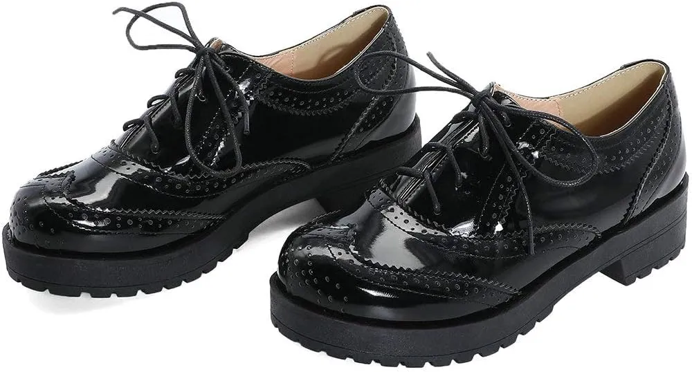 Parisuit Womens Lace Up Wingtip Oxford Pumps Round Toe Chunky Brogue Vintage Shoes