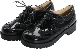 Parisuit Womens Lace Up Wingtip Oxford Pumps Round Toe Chunky Brogue Vintage Shoes