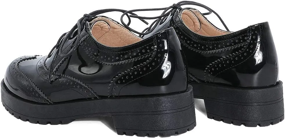 Parisuit Womens Lace Up Wingtip Oxford Pumps Round Toe Chunky Brogue Vintage Shoes