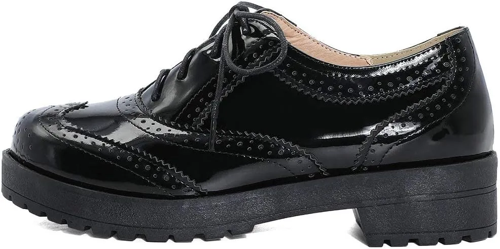 Parisuit Womens Lace Up Wingtip Oxford Pumps Round Toe Chunky Brogue Vintage Shoes